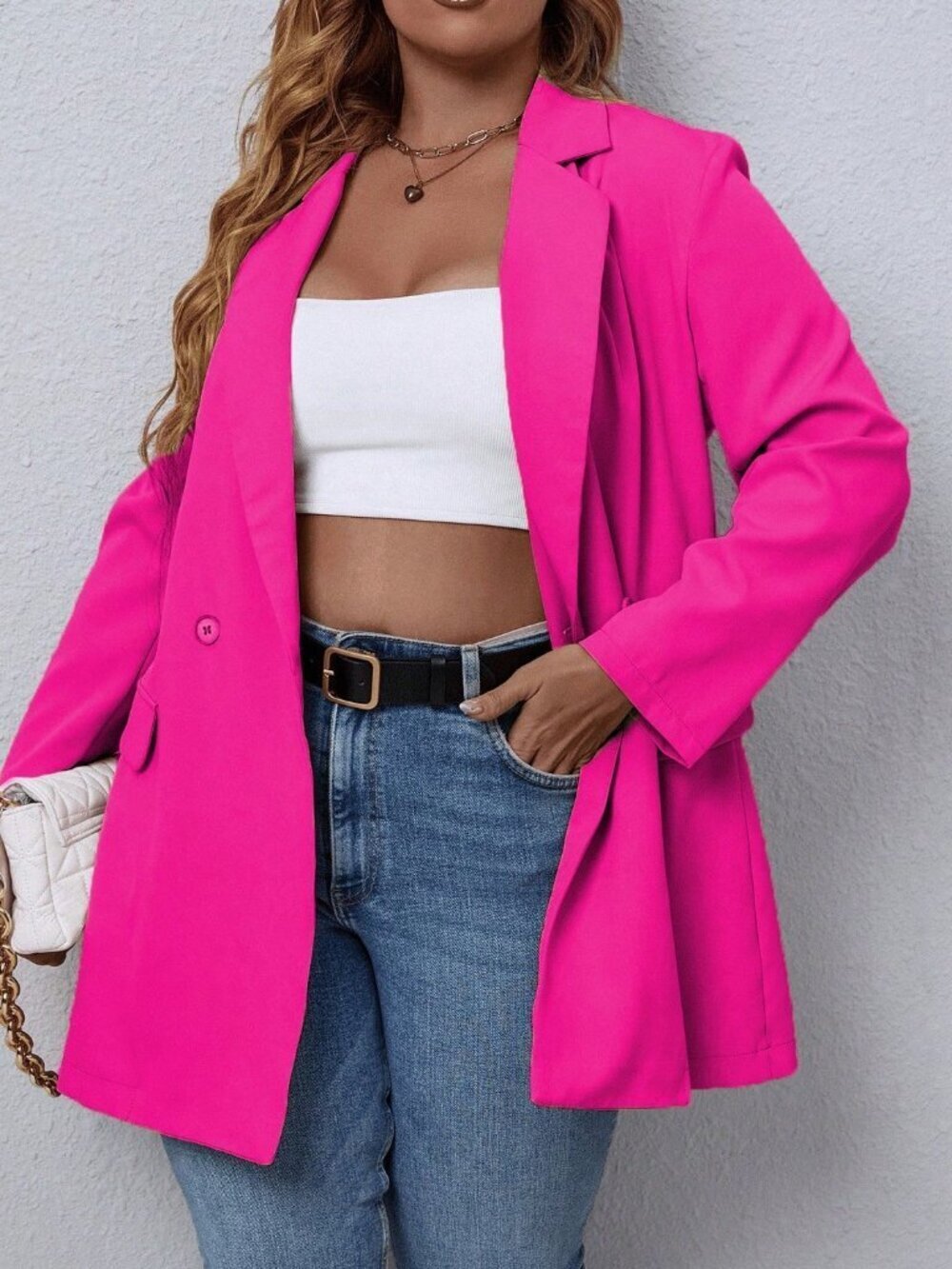 Hot Pink Elegant Women's Plus Size Double-Button Flap Blazer
